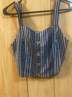 No Boundaries Navy and White Striped Button-Front Crop Top